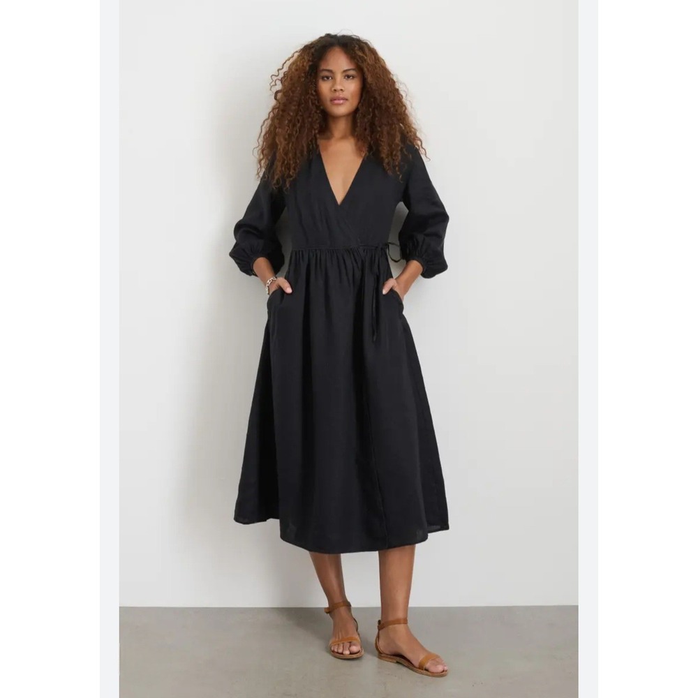 Alex Mill Lauren Midi Dress Size M 100% Linen Long Sleeve Wrap Black V-Neck NWT